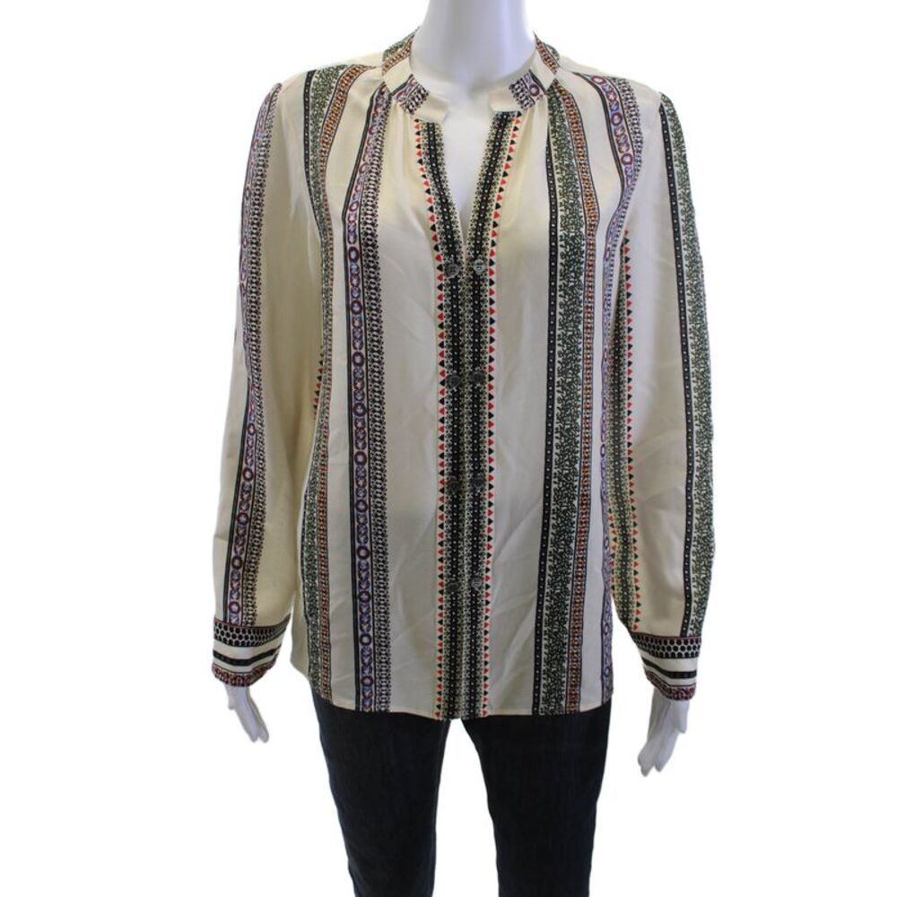 Derek Lam Women Tunic Beige Silk Geometric Aztec Long-Sleeve Button-Up Size 10